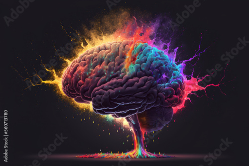 Creativity concept with a brain exploding in colors. Mind blown concept. Generative AI