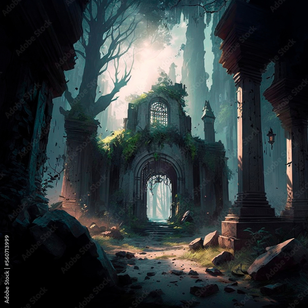 mysterious ruins in the forest. High quality illustration