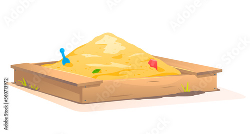 Wooden square sandbox with heap of sand and toys, isolated