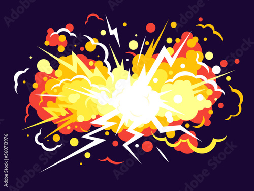 Big cartoon energy explosion with lightnings on dark background photo