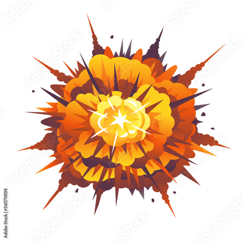 Big cartoon bomb explosion with shrapnel and fireball on top view, isolated