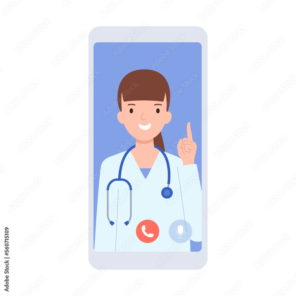 Smartphone with a video call on screen. The girl doctor says something, raising her finger up. Smartphone with a video call on screen. The girl doctor says something, raising her finger up.