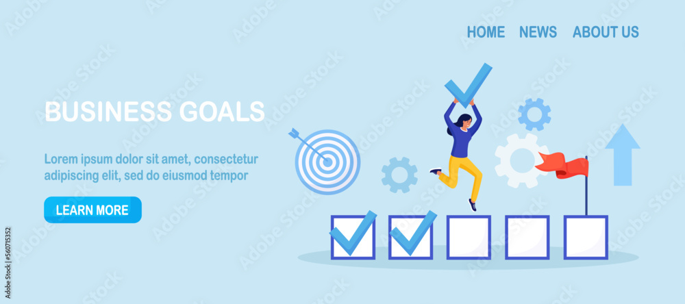 Happy employee woman celebrating completed task with check mark in hand ...