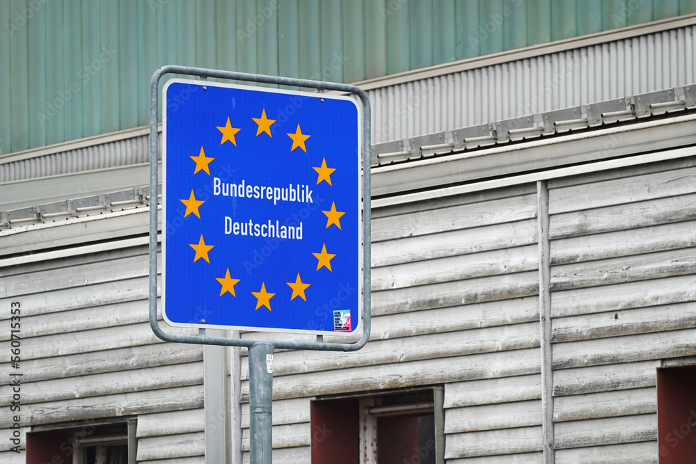 Naklejka premium The road sign at the border of Germany, Friedrichshafen, Germany