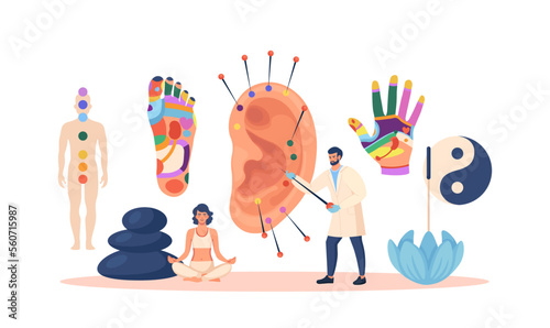 Acupuncture therapy, chinese traditional alternative medicine for disease prevention. Reflex zones of ear, feet, palm hand. Stress relief, healing process. Acupuncturist holding needle for injection