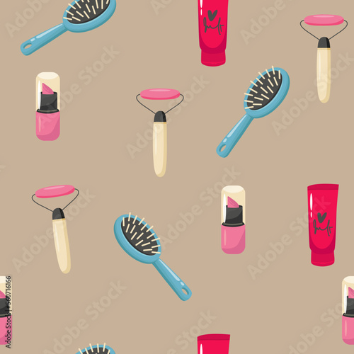 Makeup seamless pattern. Illustrations of different cosmetics. Lipstick and pomade glamour vector background.