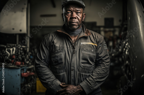 Portrait of old black car mechanic standing in the garage and prepare to repair or maintain engine or gearbox service. Epic cinematic lighting, golden hour. Generative AI 
