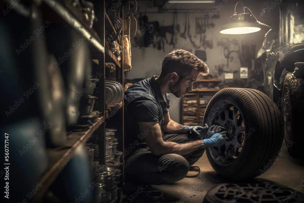 Automotive car mechanic working in the garage and changing a tire from light wheels. Repair or maintenance of auto service. AI generative