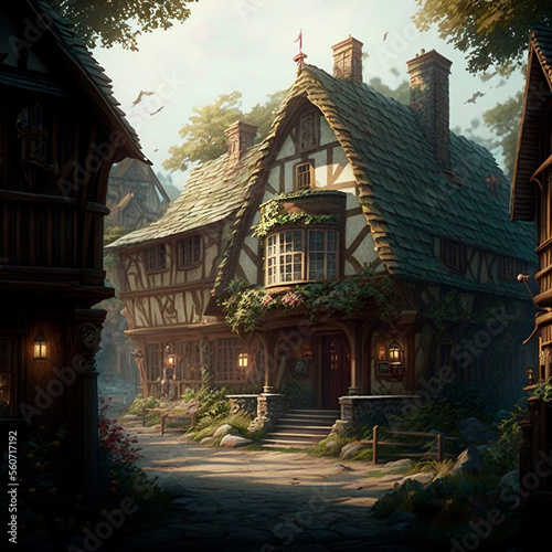 Cozy fairytale town in fantasy style. High quality illustration © NeuroSky