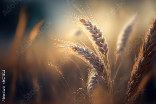 beautiful close up wheat ear against sunlight at evening or morning with yellow Fototapet