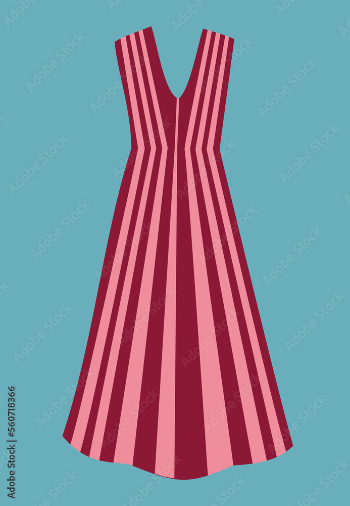 Vertical striped trendy beautiful women's dress template. Maxi long. Color of the year 2023 Viva Magenta. Fabric and clothing design trend advertisement. Technical vector illustration 
