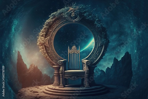 Fotobehang illustration of ancient throne seat at stone sanctuary with celestial on other d