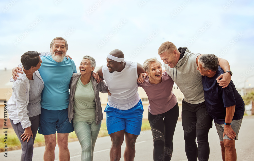 Fitness, senior group of people and smile outdoor together for exercise motivation, retirement health support and diversity on training workout. Elderly athletes, happiness hug and sports friends - obrazy, fototapety, plakaty 