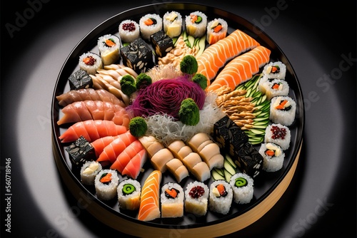  a plate of sushi is shown on a black surface with a white background and a black background with a white border around it and a black edge with a gold border around the edge.
