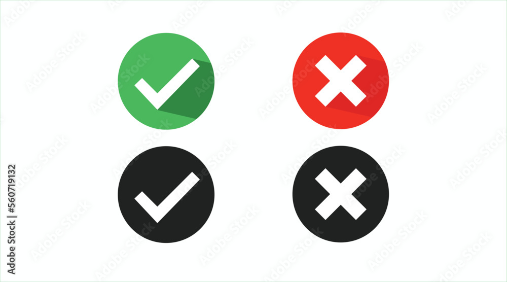 Yes and No or Right and wrong or approved and declined icon Set. Vector isolated flat illustration