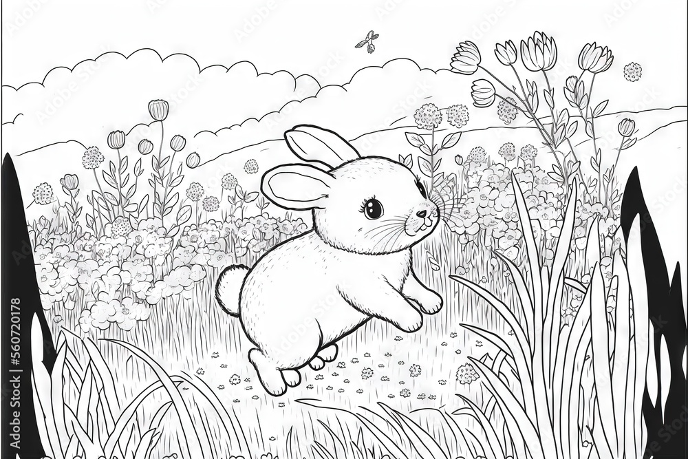 a rabbit running through a field of flowers and grass with a butterfly flying above it, in a coloring book page for adults and children, with a black and white background, with a. a rabbit running through a field of flowers and grass with a butterfly flying above it, in a coloring book page for adults and children, with a black and white background, with a.