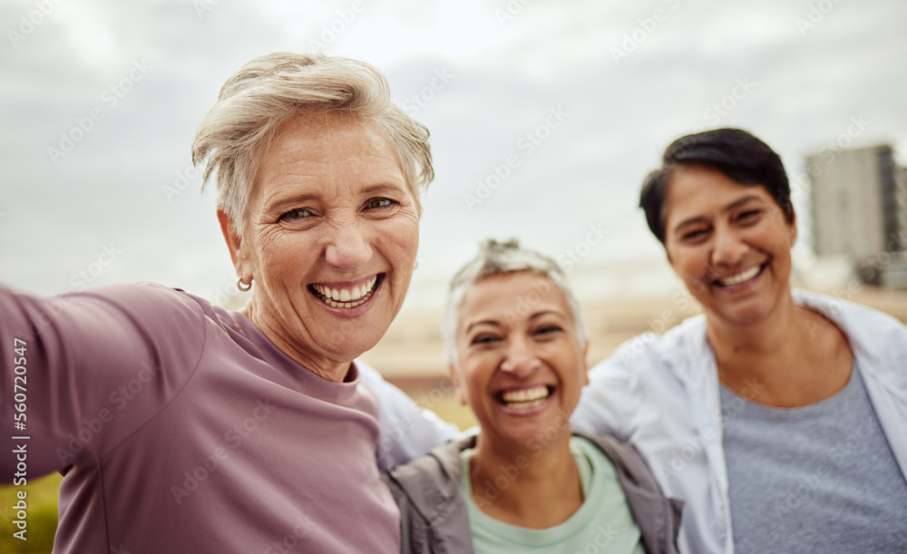 Selfie, senior women and happy exercise group excited for outdoor workout. Portrait of elderly female friends, sports and wellness for healthy retirement, fitness and happiness in diversity community Selfie, senior women and happy exercise group excited for outdoor workout. Portrait of elderly female friends, sports and wellness for healthy retirement, fitness and happiness in diversity community