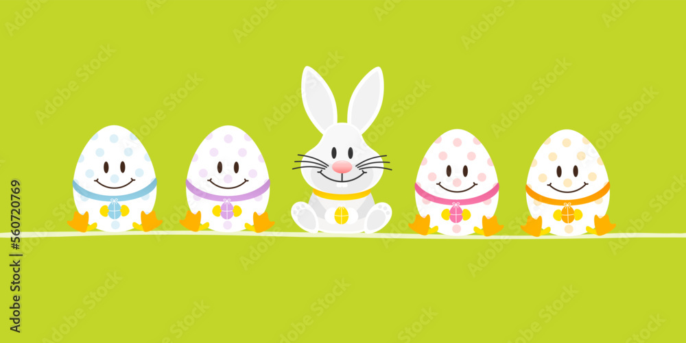 Banner Sitzender Weißer Osterhase & 4 Ostereier Grün
