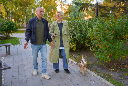 an adult couple walks with dogs photo