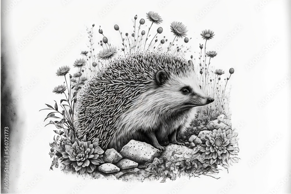 a hedgehog sitting on a rock surrounded by flowers and rocks, with a ...