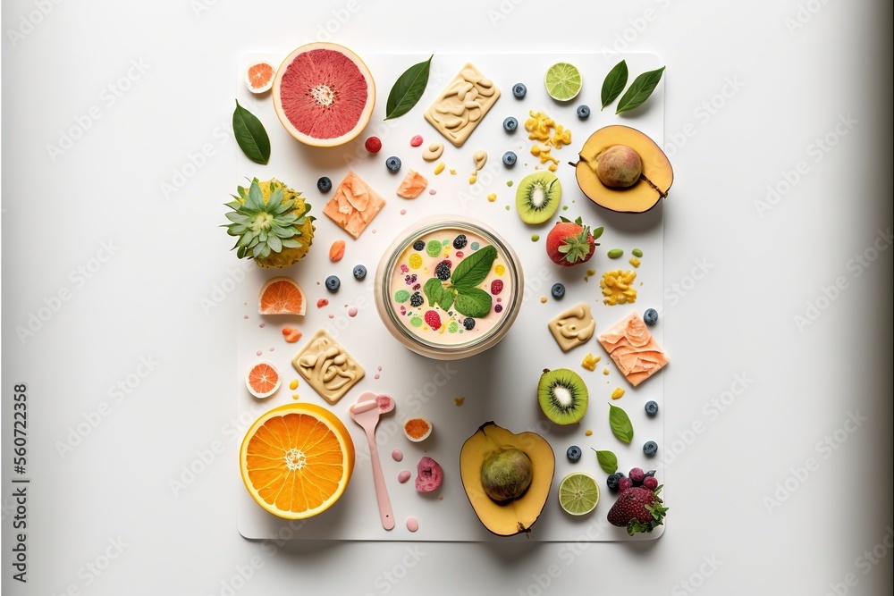  a plate with a bowl of fruit and a bowl of cereal on it with a variety of fruits and vegetables around it on a white surface with a white background with a white border and a. Generative AI