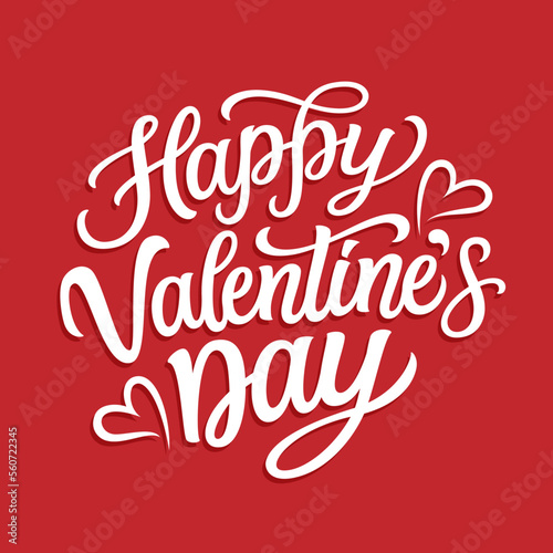 Happy Valentine s day. Hand lettering text with hearts on red background. Vector typography for Valentine s day decorations  cards  t shirts  posters  banners