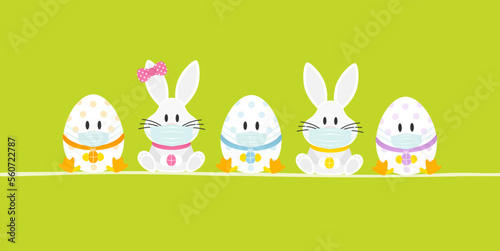 Sitzende Weiße Osterhasen Junge & Mädchen Mit 3 Ostereiern Maske Banner Grün