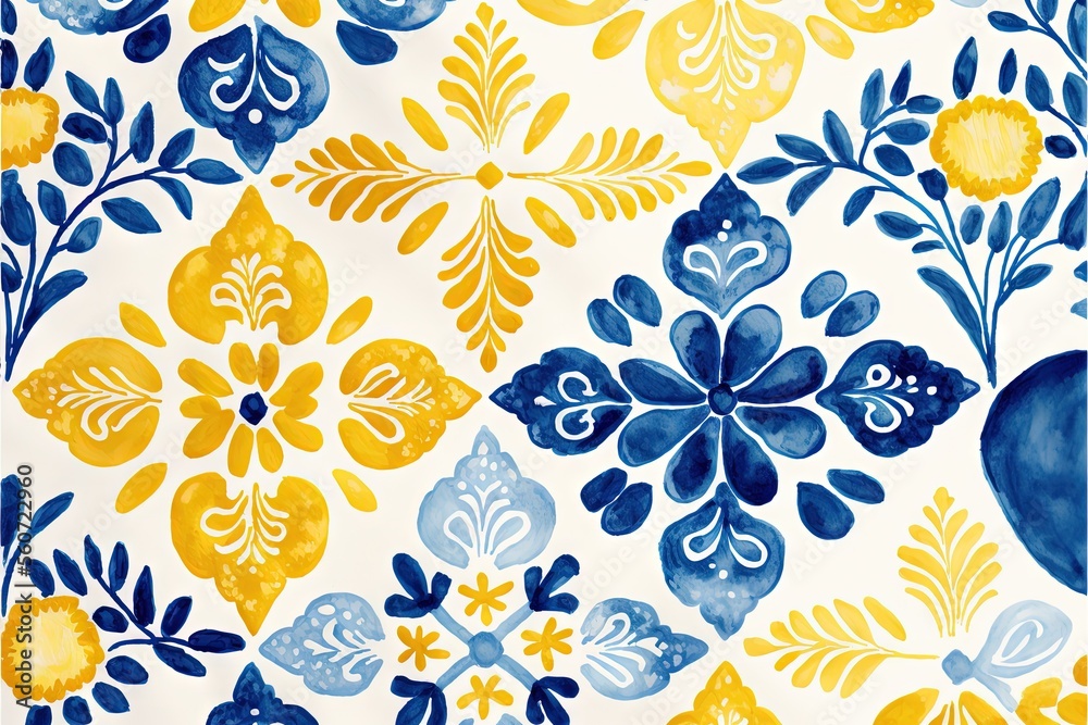a blue and yellow floral pattern on a white background with yellow and ...