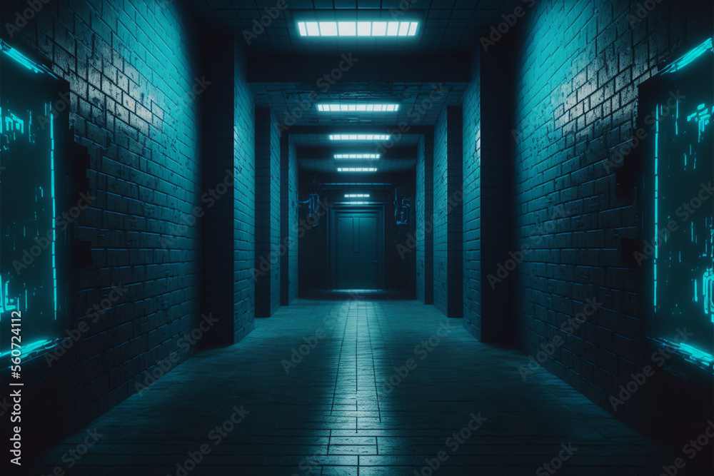 Sci Fi Alien Cyber Dark Hallway Room Corridor Neon Blue Light ,GENERATIVE AI