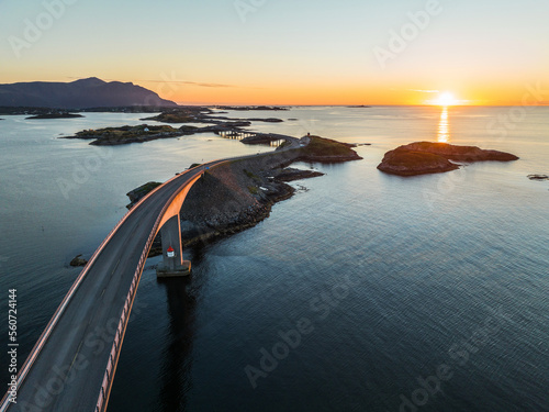 Aerial view of Atlantic road in Norway at sunset  photo