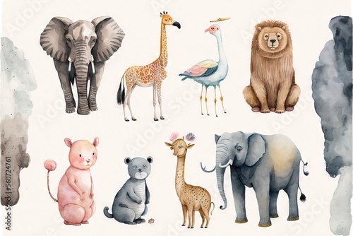 Fototapeta Naklejka Na Ścianę i Meble -   a group of animals that are standing in the grass together on a white background with a watercolor effect of them and the animals are all different colors of the same size and shape and size.