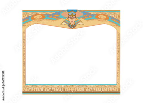 vintage card - decorative frame with hieroglyphs and egyptian queen
