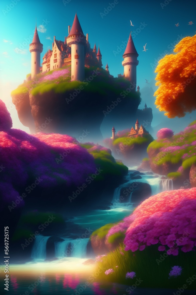 Imagination of beautiful castle in heaven, created with Generative AI technology