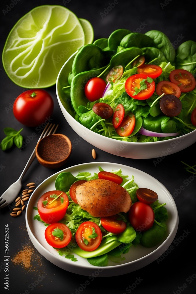 Healthy salad dish with lettuce, tomato, greens in dish on a table.