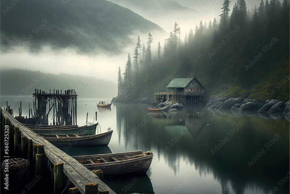 Fototapeta premium a couple of boats that are sitting in the water near a dock and a house on a lake with a dock and a boat house in the water and foggy background, with a few boats.