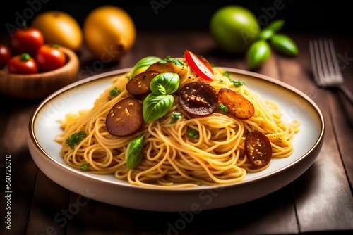 Delicious close up of a pasta meal on table setting. wine, pasta, food, art