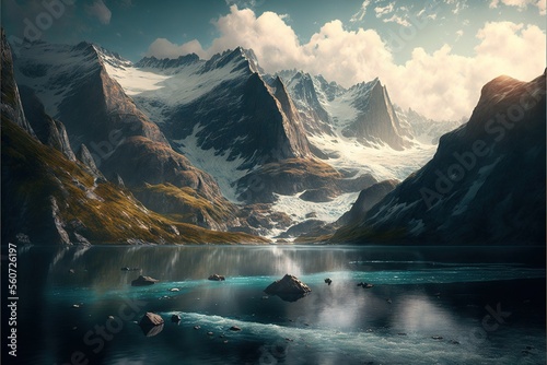  a painting of a mountain lake with a mountain range in the background and clouds in the sky above it, and a few rocks in the water below it, and a few snow - capped rocks. photo