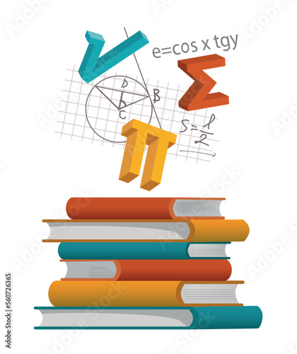 A pile of Math Textbooks. Illustration of books with mathematics symbols and notes. Vector available.