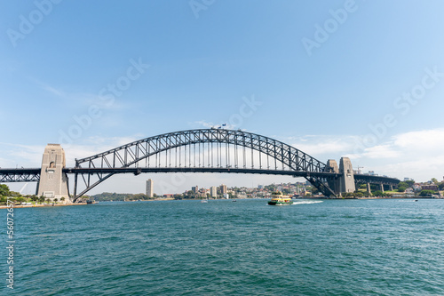 Sydney Architecture and Harbour Bridge with ferry. Wide Angle. © Mindaugas Dulinskas