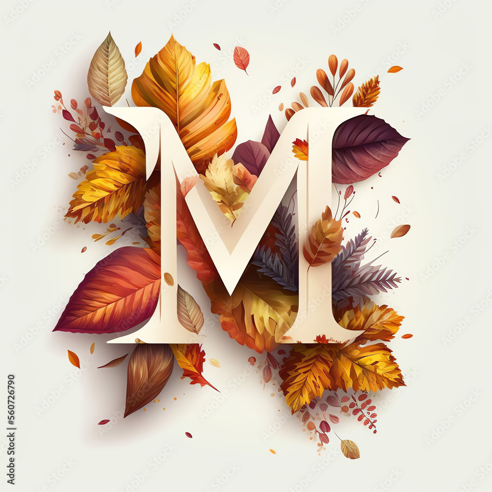 Letter M, fall, autumn, blank white background, Generative AI	
 - obrazy, fototapety, plakaty 