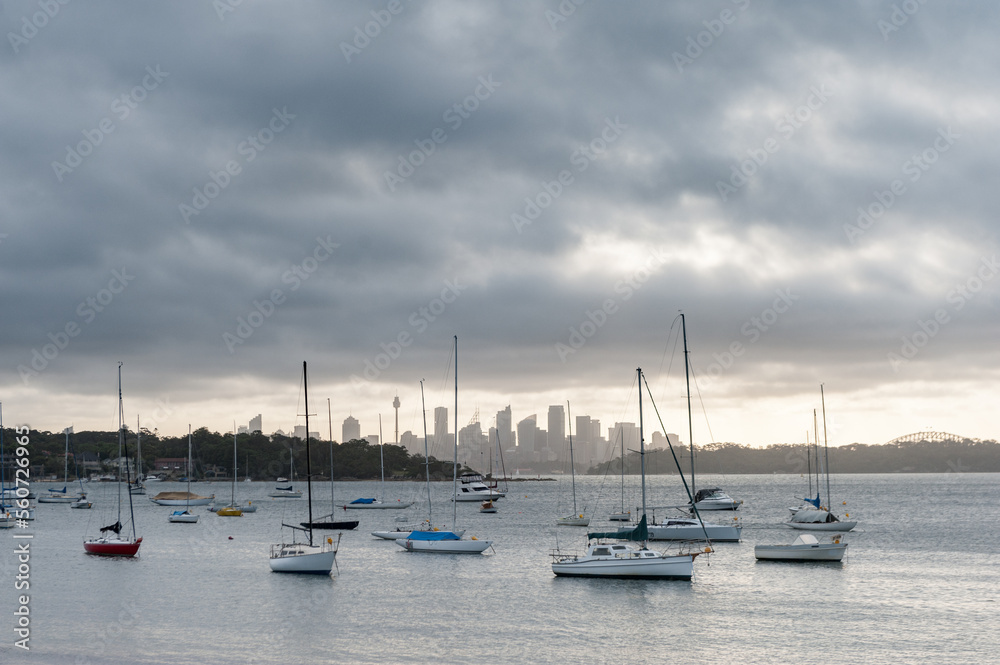 Watsons Bay in Sydney, Australia. Water with Yachts and Boats and Cityscape in Background. Australia