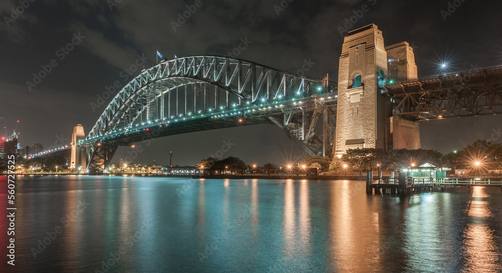 Sydney Harbour Bridge at Night. Long Exposure. Cityscape In Background. Flowing Sky and Reflection on Water. Australia