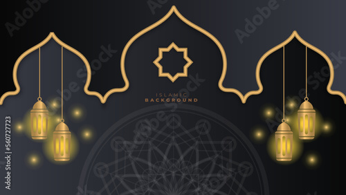 Elegant 3d realistic black and gold ramadan kareem background banner with islamic decoration, mandala pattern, mosque, lantern, and golden border. Vector illustration