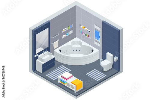Isometric Modern bathroom interior with white toilet, mirror, sink and bathtub.