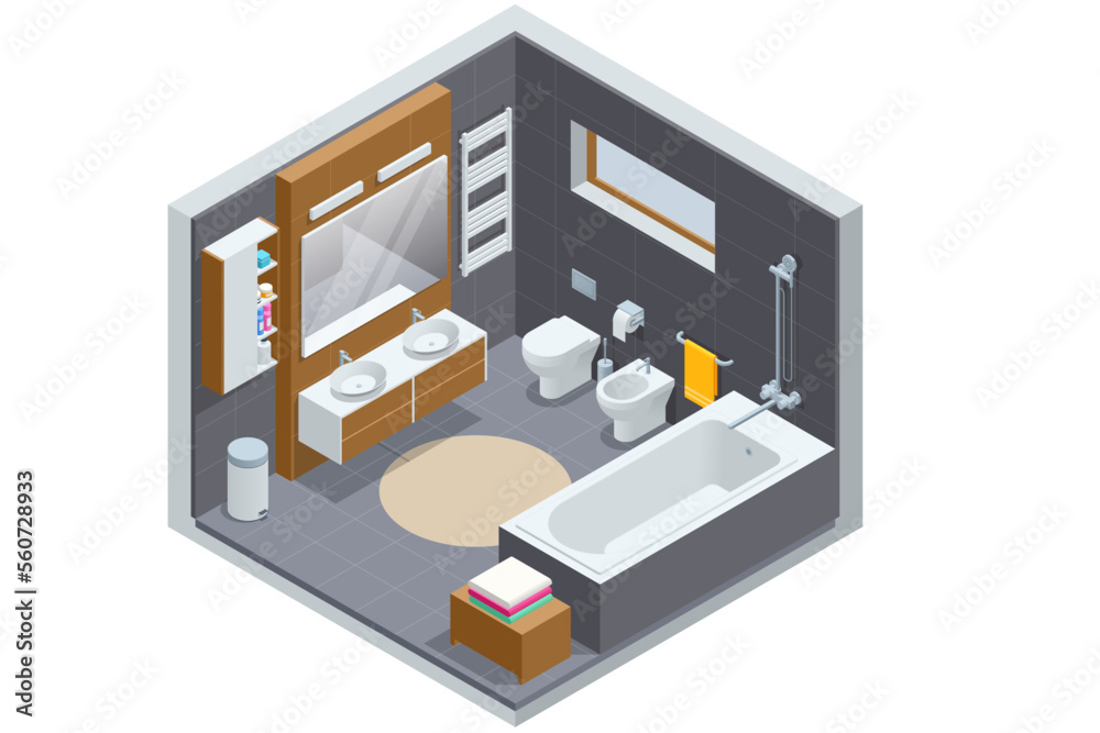 Isometric Modern bathroom interior with white toilet, mirror, sink and bathtub. Isometric Modern bathroom interior with white toilet, mirror, sink and bathtub.