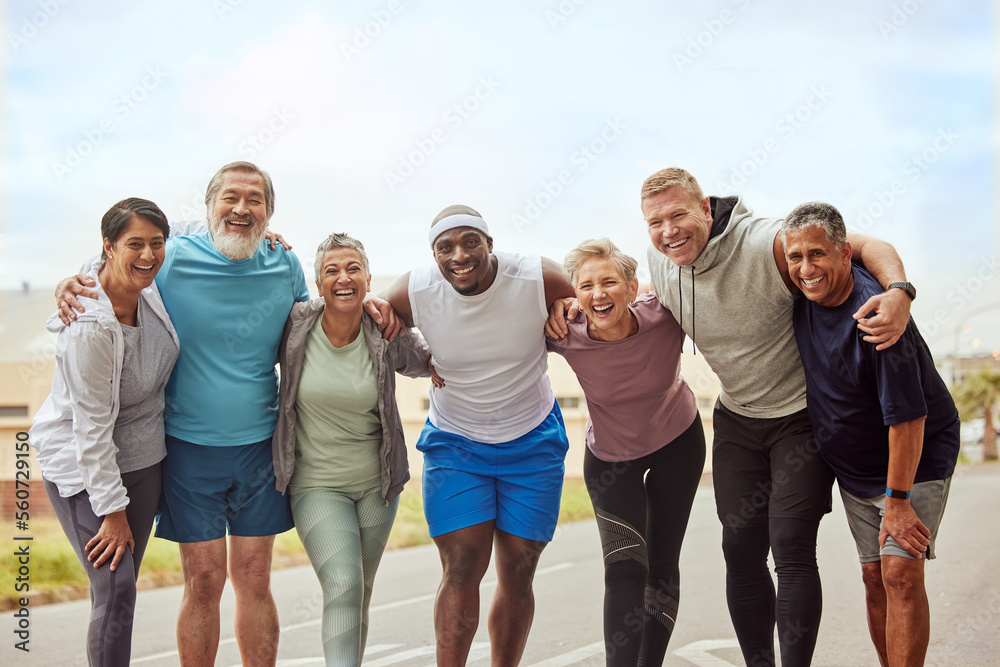 © Siphosethu/peopleimages.com - Fitness, portrait and group of friends in city ready for training, workout or exercise. Face, sports and teamwork of senior people together with coach outdoors preparing for exercising, jog or cardio © Siphosethu/peopleimages.com - Fitness, portrait and group of friends in city ready for training, workout or exercise. Face, sports and teamwork of senior people together with coach outdoors preparing for exercising, jog or cardio