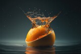  an orange is being dropped into the water with a splash of water on it's surface and on top of the orange is a black background with a blue background and white border with a.