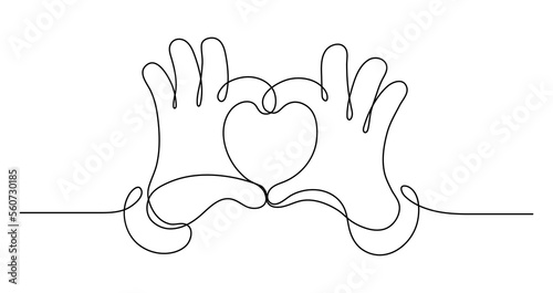Love. Hands making heart shape. St.Valenties Day. Continuous line drawing. Concept border.