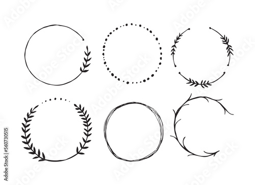 Set of round botanical frames. Dimensional minimalist frames. Round border, leaves and flowers, wedding invitations and cards, logo design and poster template. Vector illustration