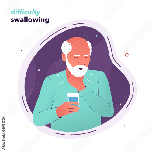 Vector illustration of a man in pain when swallowing. An elderly man suffering from dysphagia holds his throat with his hand. Symptoms of Parkinson's disease, multiple sclerosis, stroke. photo